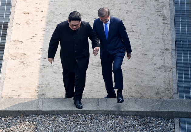 South Korean President Moon Jae-in and North Korean leader Kim Jong Un meet in the truce village of Panmunjom inside the demilitarized zone