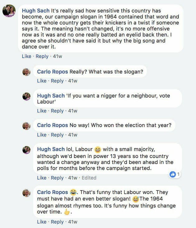 Posts which appear to have been made by Hugh Sach on Facebook in 2017