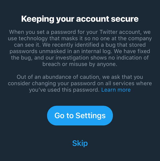 Users will have received this notification through the app advising them to update their passwords.
