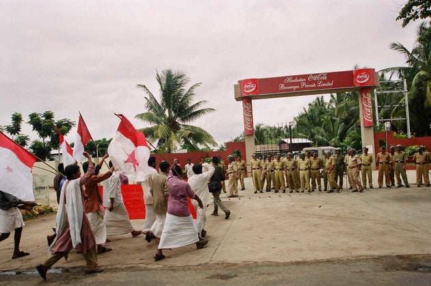 A protest march heading to the company plant in 2004.