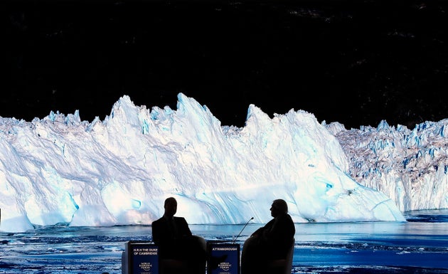 Britain's Prince William and natural historian Sir David Attenborough, watch the screening of Attenborough's new documentary