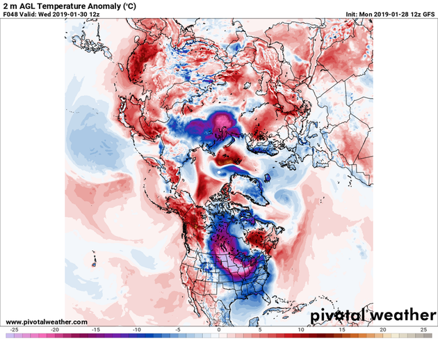 Predicted near-surface air temperature differences (C) from normal, relative to 1981-2010. Pivotal Weather, CC BY-ND