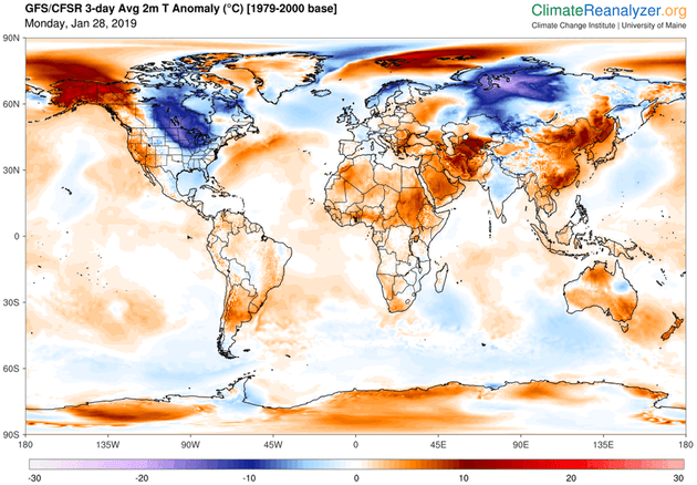 Predicted daily mean, near-surface temperature (C) differences from normal (relative to 1979-2000) for Jan. 28-30, 2019. Data from NOAA’s Global Forecast System model. Climate Reanalyzer, Climate Change Institute, University of Maine., CC BY-ND
