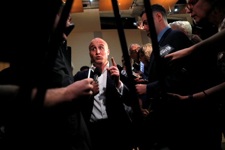 Rep. Max Rose (D-N.Y.) meets the press following a town hall where he announced his support for an impeachment inquiry into P