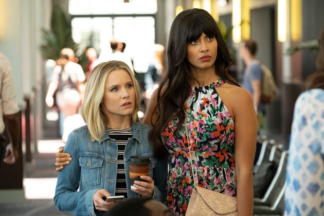 Kristen Bell as Eleanor, Jameela Jamil as Tahani in an episode of “The Good Place.’