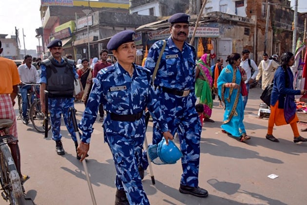 Rapid Action Force personnel patrol the streets of Ayodhya on November 8, 2019, ahead of a Supreme Court verdict on the Ram Janmbhoomi-Babri Masjid title case.