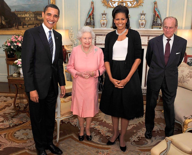 President Barack Obama and his wife Michelle pose for a photograph with Queen Elizabeth and Prince Philip at Buckingham Palace in April 2009.