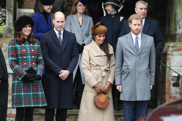 Members of the royal family and Meghan Markle, who was engaged to Prince Harry at the time, attend a Christmas Day service at the Church of St. Mary Magdalene in 2017.