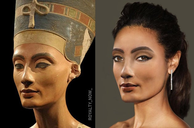El busto de Nefertiti en el Museo Egipcio de Berlín y la recreación de la reina egipcia hecha por Becca Saladin.