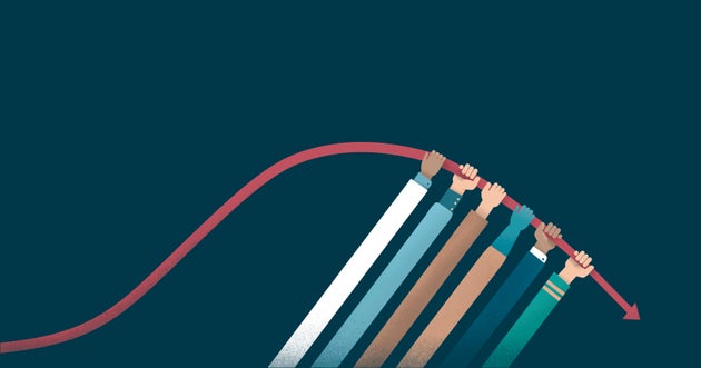 Ilustración que representa el trabajo en conjunto para aplanar la curva de contagios de la pandemia.