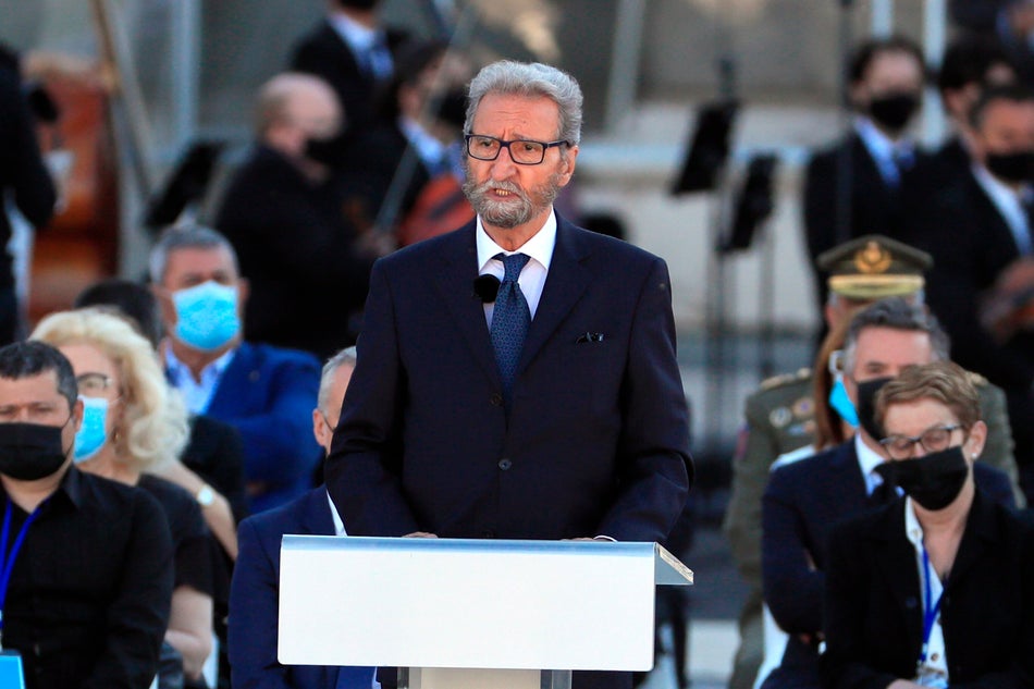 Hernando Fernández Calleja, hermano del periodista Jose María Calleja, fallecido por coronavirus en Madrid, durante su intervención en el homenaje de Estado a las víctimas.