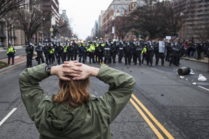 Trump DOJ Calls Out D.C.'s Democratic Mayor For Ignoring Protesters' Rights - black lives matter Anti-Trump protesters face off with police after Donald Trump was sworn into office in Washington, D.C. on January 20, 2017.&
