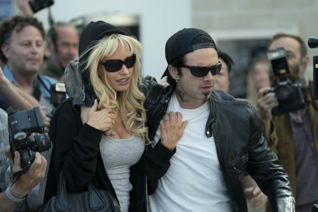 Lily James and Sebastian Stan in character as Pamela Anderson and Tommy Lee