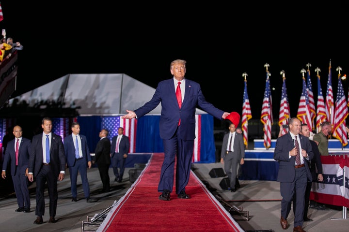 Former President Donald Trump arrives at a Save America Rally in Wilmington, North Carolina, on Friday.
