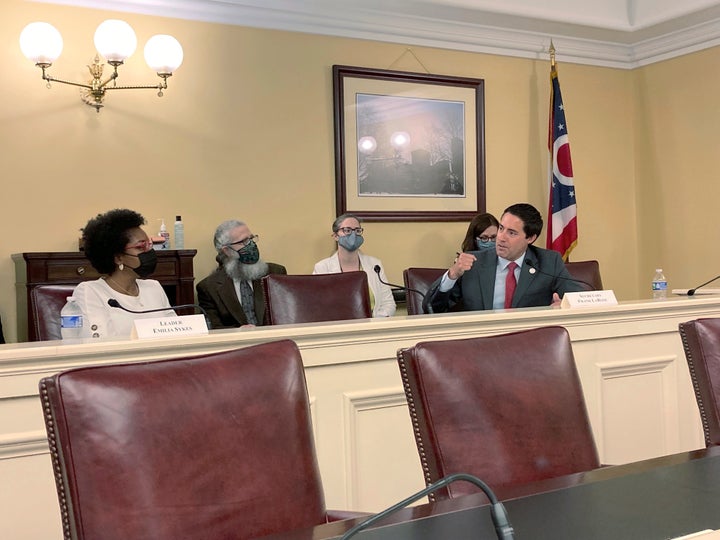 Maureen O'Connor, Former Ohio Supreme Court Chief, Slams GOP Gerrymandering read full article at worldnews365.me 6 Ohio Elections Chief Frank LaRose, right, speaks during a meeting of the Ohio Redistricting Commission, Aug. 31, 2021, in Columbus, Ohio, as Rep. Emilia Sykes, of Akron, listens.