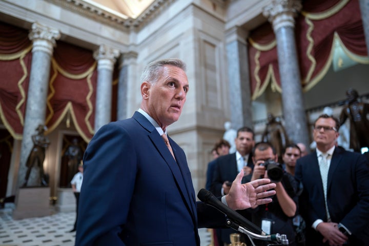 FILE - Speaker of the House Kevin McCarthy, R-Calif., talks to reporters at the Capitol in Washington, Monday, July 17, 2023. McCarthy faces a political standoff when the House resumes this week. He needs to steer the House to fund the government and avoid a government shutdown. But he's also trying to launch an impeachment inquiry into President Joe Biden over his son Hunter Biden's business dealings. (AP Photo/J. Scott Applewhite, File)