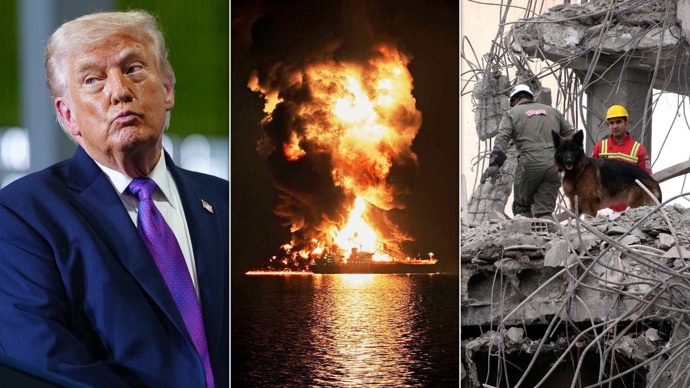 Donald Trump, burning oil tanker, Tehran building damaged during U.S.-Israeli air campaign