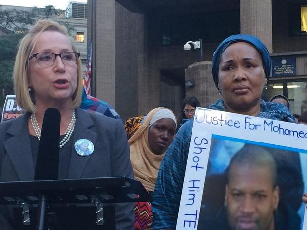 Debra Cohen and her client Hawa Bah, mother of Mohamed Bah, speak at a rally on Oct. 7, 2015 in lower Manhattan.