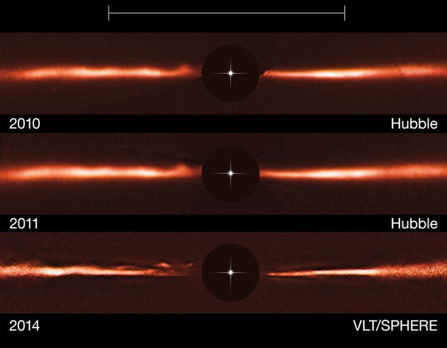<span class='image-component__caption' itemprop="caption">Using images from ESO’s Very Large Telescope and the NASA/ESA Hubble Space Telescope, astronomers have discovered fast-moving wave-like features in the dusty disc around the nearby star AU Microscopii. The images above show the ripples' movement over the course of four years.</span>