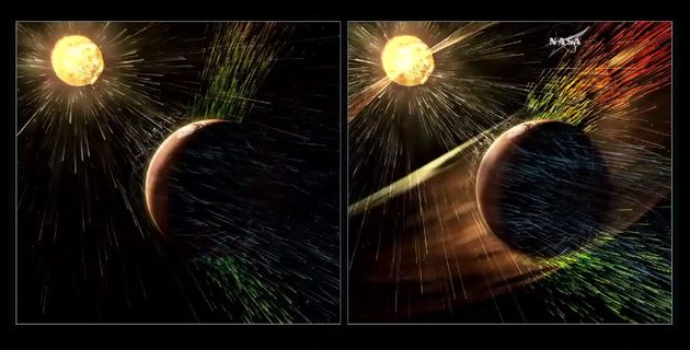 <span class='image-component__caption' itemprop="caption">On the right, Mars being hit by solar winds. On the left, Mars during a solar storm.</span>