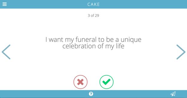 Cake asks people to think about what they want for their funerals as part of end-of-life planning.