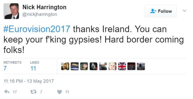 Councillor suspended for 'gypsies' jibe at Irish over Eurovision 'nul points'