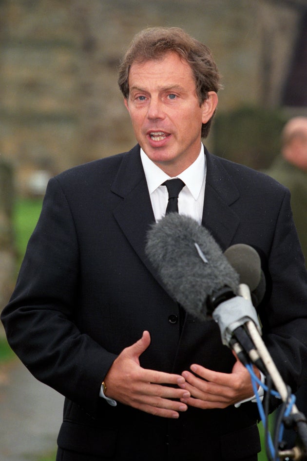 <strong>Prime Minister Tony Blair addresses the nation from his home village at Trimdon near Newcastle following the news of the death of Diana</strong>