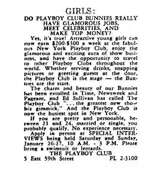 The job listing for the Playboy Club that Gloria Steinem answered in 1963.