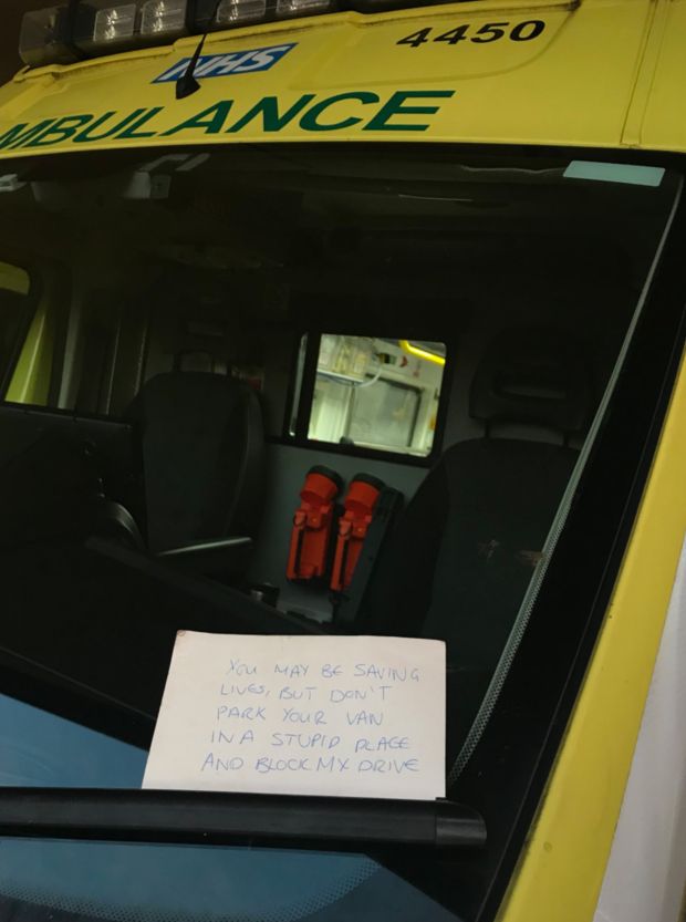 Paramedics in Birmingham were shocked to find the angry note on their windscreen