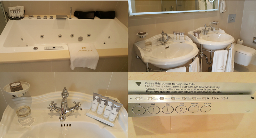 From top left to right: Jacuzzi with 25 jets awarded +5 bonus points, oxygenation button, built-in light show, complete with towels, shampoo and other accessories, and the energy saving feature of the toilet