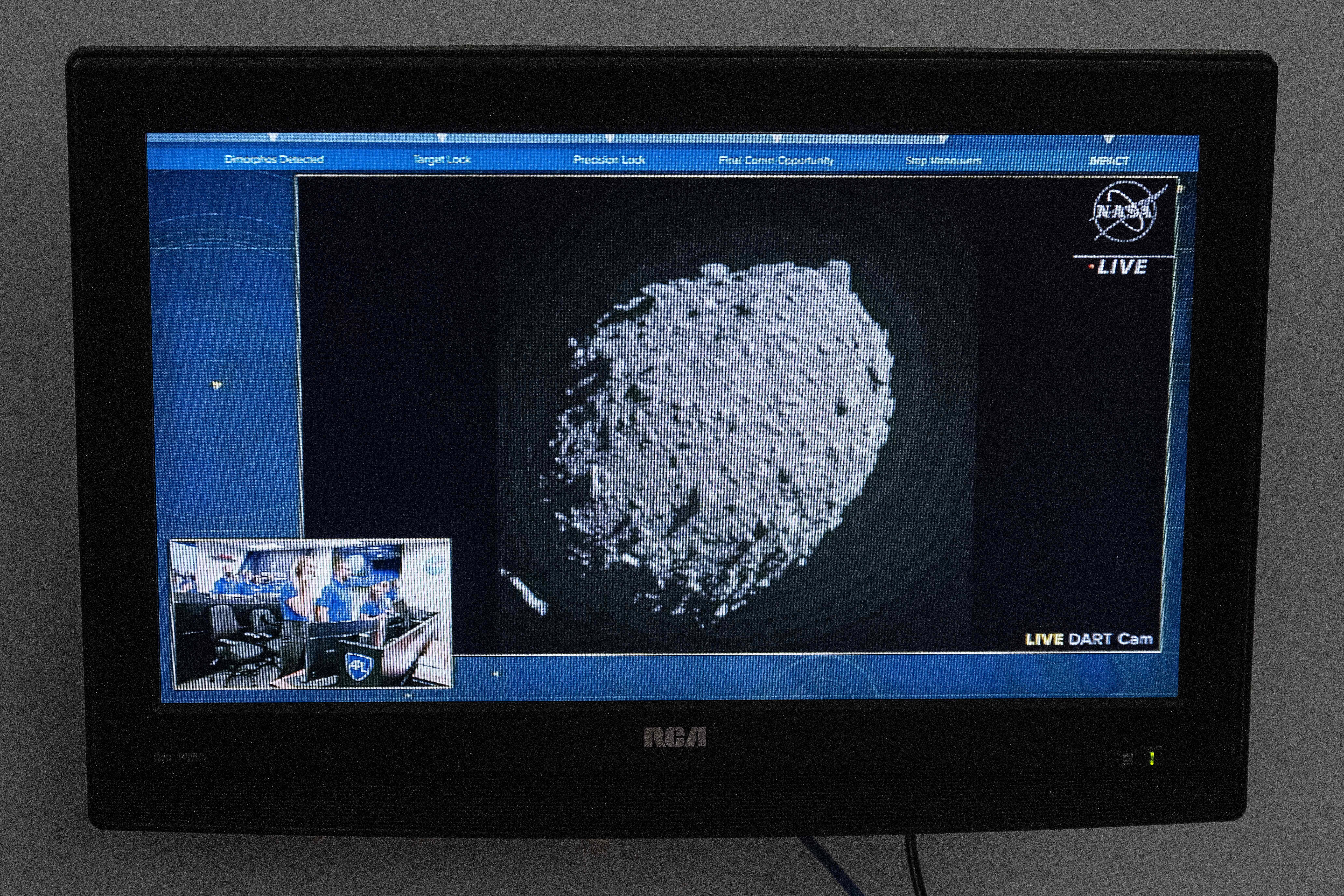 A tv at NASA's Kennedy Space Center in Cape Canaveral, Florida, captures the very last pictures from the Double Asteroid Redirection Test (DART)