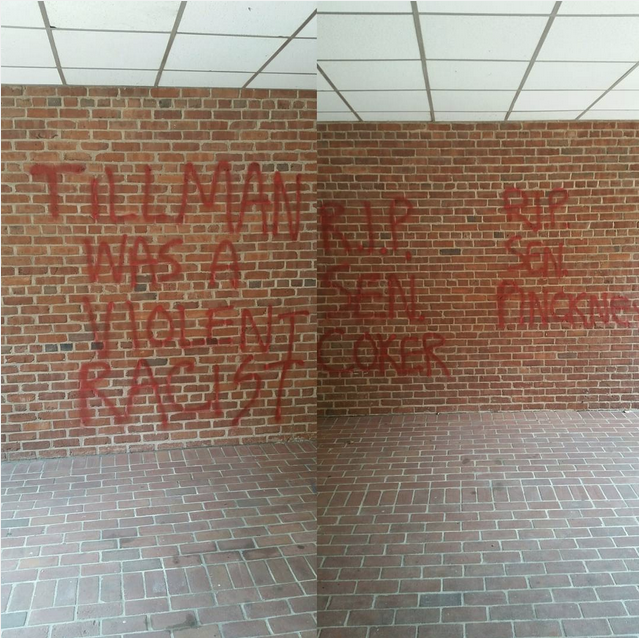 Clemson University's Tillman Hall was vandalized Monday. Tillman is a prominent building on the Clemson, South Carolina campu