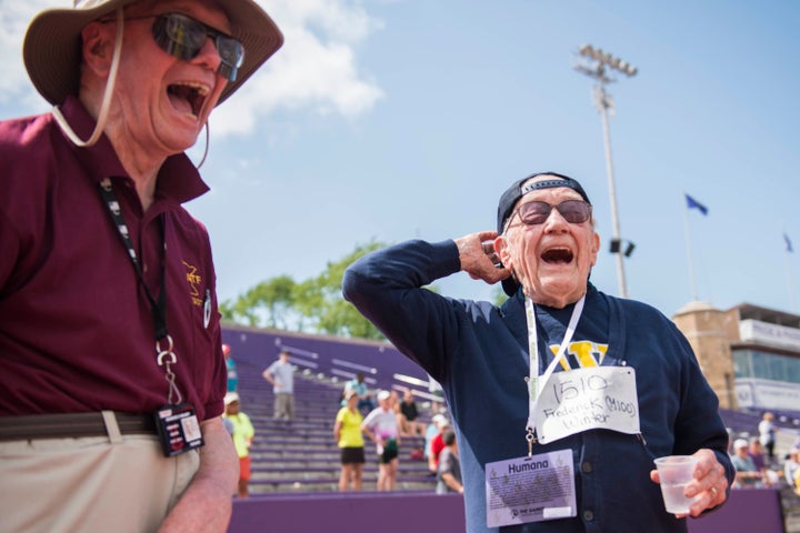 Frederick Winter celebrates completing the mens 100 meter race at the the age 99 at the National Senior Games at the Univers