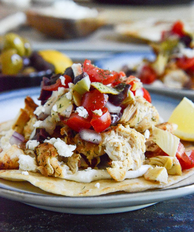 Marinated Greek Chicken Tostadas