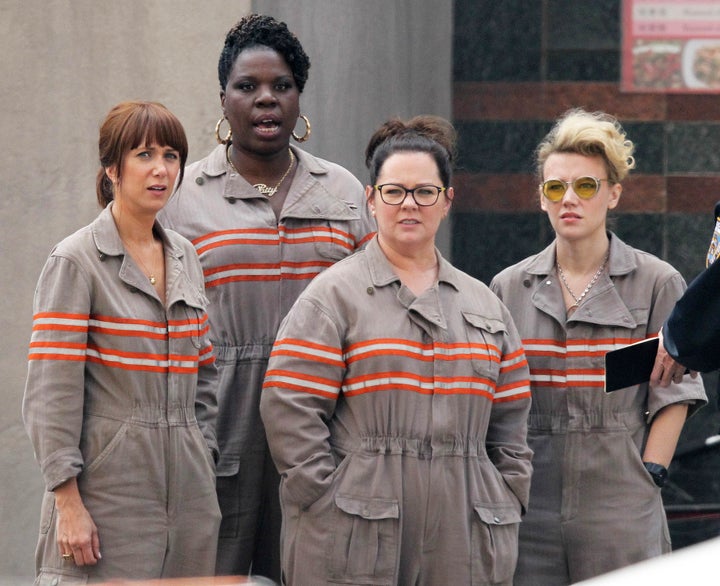 "Ghostbusters" cast Melissa McCarthy, Kristen Wiig, Leslie Jones and Kate McKinnon suit up in new uniforms.