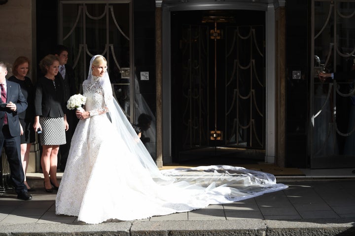 Bride Nicky Hilton leaving Claridges Hotel in London. She wed James Rothschild Friday. 