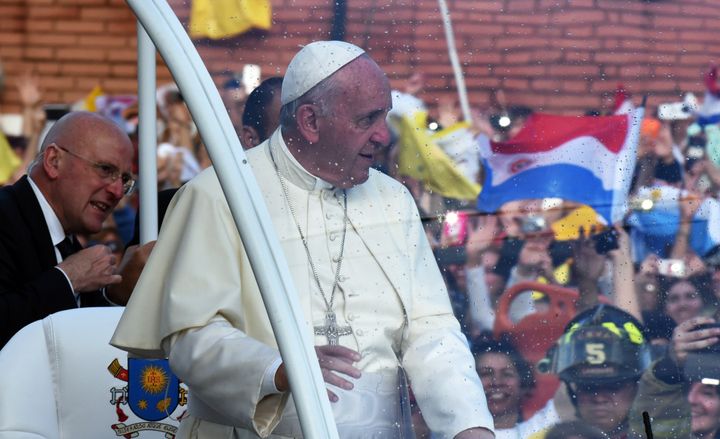 Pope Francis is seen upon his arrival at the Buen Pastor female penitentiary in Asuncion on July 10, 2015. Ecuador, Bolivia and Paraguay are predominantly Catholic and have been marked by a long history of poverty and inequality afflicting indigenous populations. AFP PHOTO NORBERTO Duarte (Photo credit should read NORBERTO DUARTE/AFP/Getty Images)