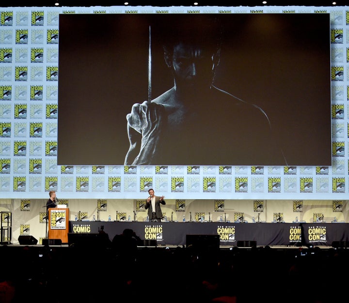 SAN DIEGO, CA - JULY 11: Actor Hugh Jackman (C) from 'Wolverine' speaks onstage at the 20th Century FOX panel during Comic-C