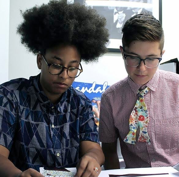 Shown: Nastassja Schmiedt, left, and Lea Roth. Photo taken by Nicola Schmiedt in August 2014 while the two activists were prepping for the "Imagine a World: Everyday Heroes" photo project which Spring Up put together in Miami. The project was featured in a local gallery, House of Art, highlighting local LGBT youth artists last September. Roth is shown wearing one of their Spring Up bow ties.