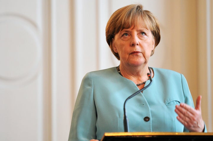 German Chancelor Angela Merkel answers journalists' questions after meeting in Sarajevo on July 9, 2015. Merkel is conducting a one-day official visit to the Bosnian capital, where she is scheduled to hold several meetings with Bosnia's top political leaders. AFP PHOTO / ELVIS BARUKCIC (Photo credit should read ELVIS BARUKCIC/AFP/Getty Images)