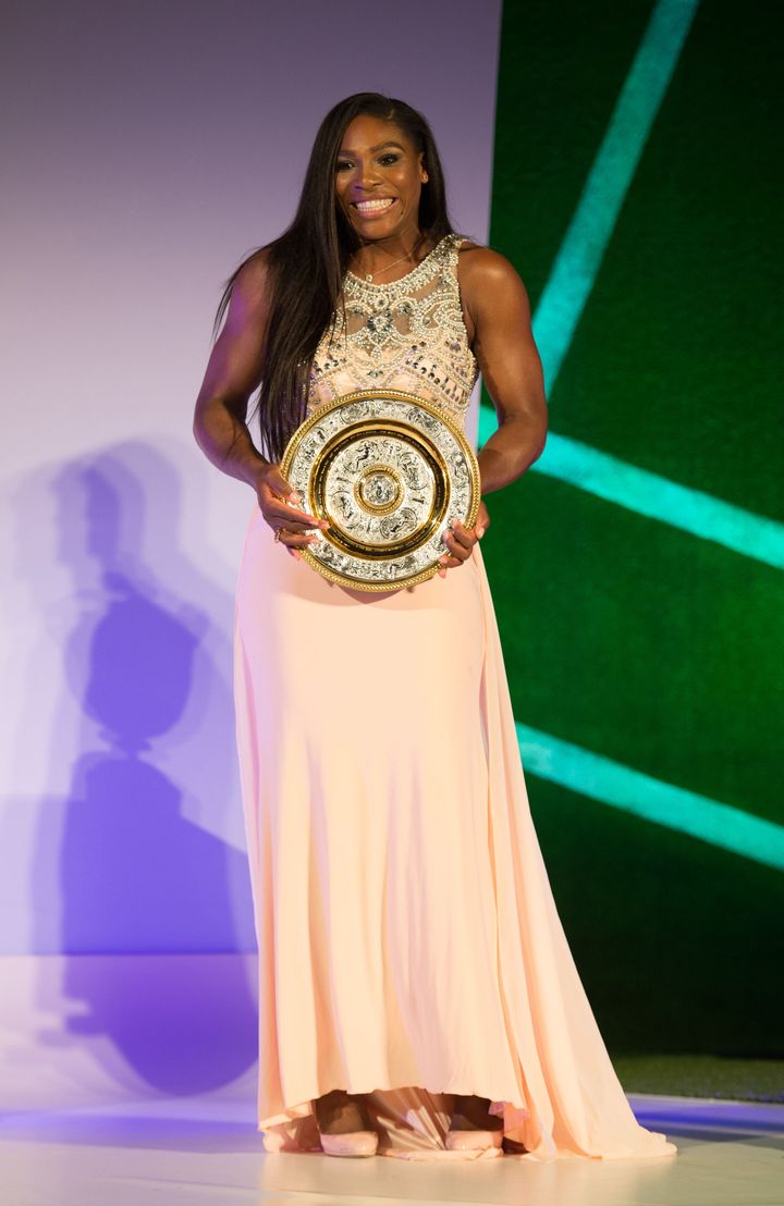 LONDON, ENGLAND - JULY 12: (EDITORIAL USE ONLY - NO COMMERCIAL USEAGE) Serena Williams of the United States poses on stage at the Champions Dinner at the Guild Hall on day thirteen of the Wimbledon Lawn Tennis Championships at the All England Lawn Tennis and Croquet Club on July 12, 2015 in London, England. (Photo by Thomas Lovelock - AELTC Pool/Getty Images)