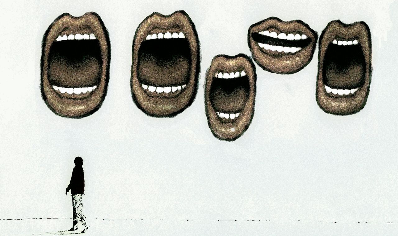 Large open mouths talking above woman
