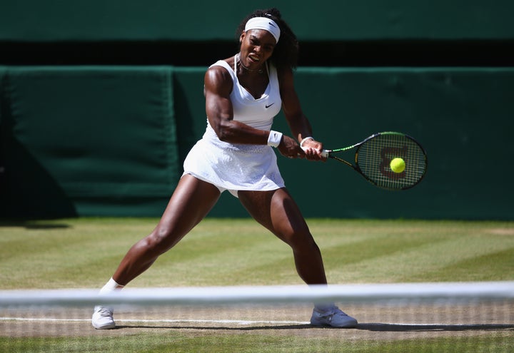 LONDON, ENGLAND - JULY 11: Serena Williams of the United States plays a backhand in the Final Of The Ladies' Singles against Garbine Muguruza of Spain during day twelve of the Wimbledon Lawn Tennis Championships at the All England Lawn Tennis and Croquet Club on July 11, 2015 in London, England. (Photo by Clive Brunskill/Getty Images)