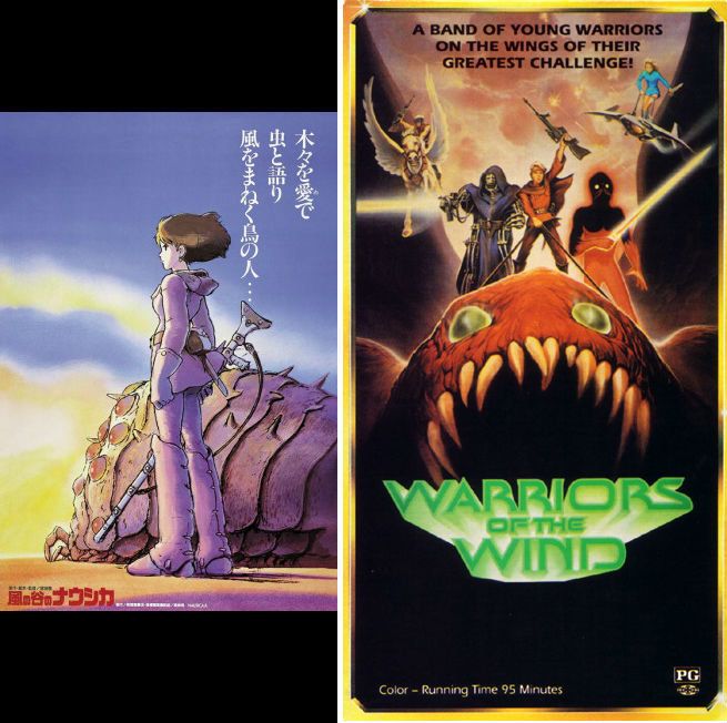On the left, the Japanese poster for NausicaÃ¤ of the Valley of the Wind; on the right, the American.