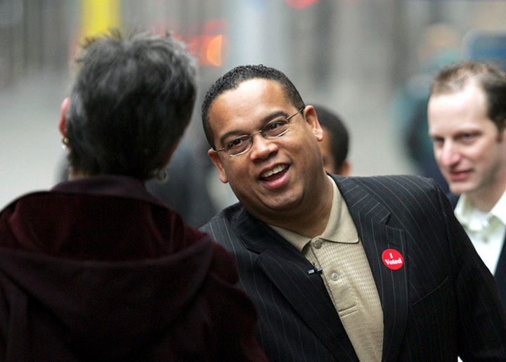 Keith Ellison greets commuters at a light rail stop in Minneapolis on Nov. 7, 2006. Ellison became the first Muslim in Congress as well as the first black representative from Minnesota.