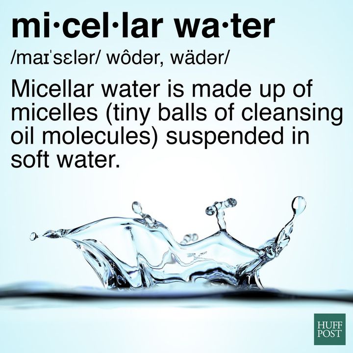 Micellar water is made up of micelles (tiny balls of cleansing oil molecules) suspended in soft water.