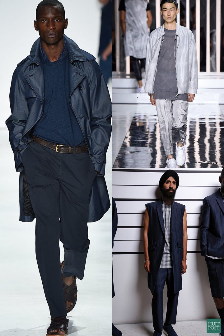 New York Fashion Week: Men's models present collections from Todd Snyder (left), Rochambeau (upper right) and Public School (lower right).