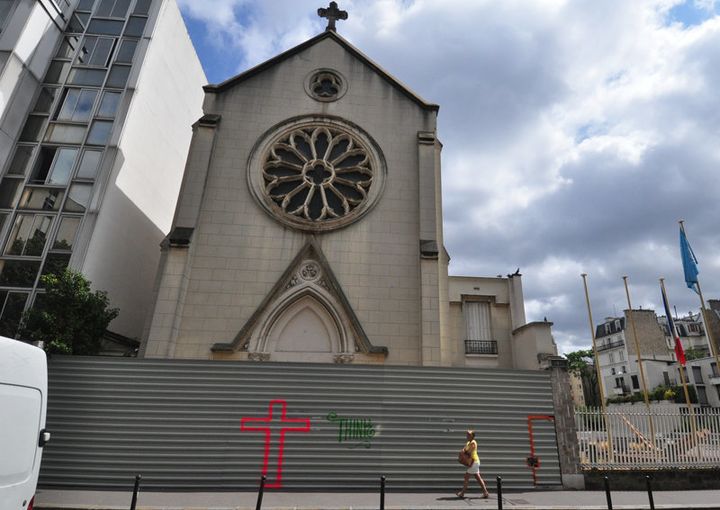 Saint Rita's Church in Paris was shut down recently and awaits demolition. The building on the left is an annex of UESCO. This photo was taken on July 14, 2015. Religion News Service photo by Tom Heneghan