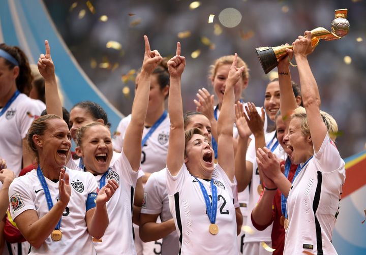 VANCOUVER, BC - JULY 05: The United States celebrates after winning the FIFA Women's World Cup Canada 2015 5-2 against Japan at BC Place Stadium on July 5, 2015 in Vancouver, Canada. (Photo by Dennis Grombkowski/Getty Images)