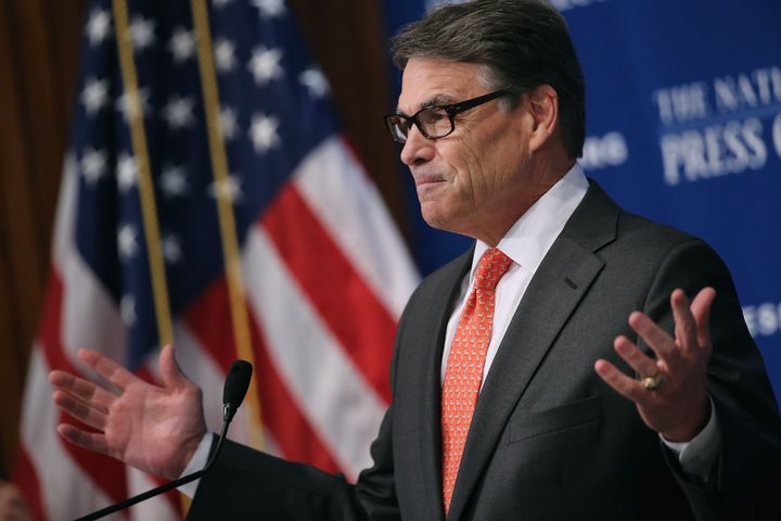 WASHINGTON, DC - JULY 02: Former Texas Governor and Republican presidential candidate Rick Perry addresses the National Press Club Luncheon July 2, 2015 in Washington, DC. Perry began his speech about how African-Americans should support him and the GOP by recounting the racially-motivated 1916 lynching of Jesse Washington in Waco, Texas, and how far Texas and the nation had come since that time. (Photo by Chip Somodevilla/Getty Images)